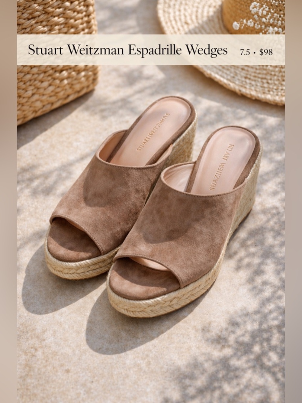 Stuart Weitzman Suede Espadrille Wedge Slides Neutral Tan Size 7.5